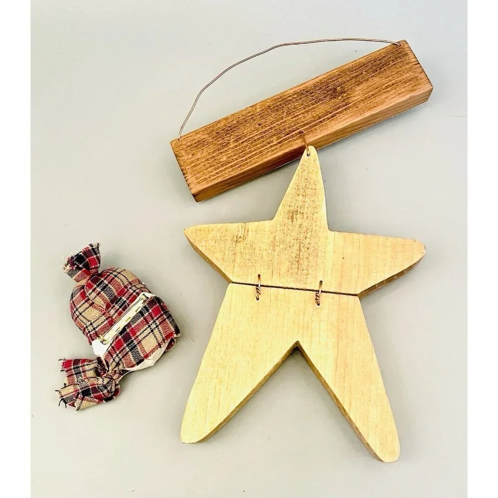 Primitive Wooden Star Country Wishes Wall Decor 9” & Fabric Snowman Pin Handmade